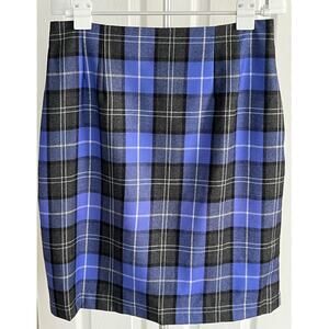 Chadwick's Skirt Plaid Black, Gray, Periwinkle Blue 100% Wool Fully Lined Sz 14
